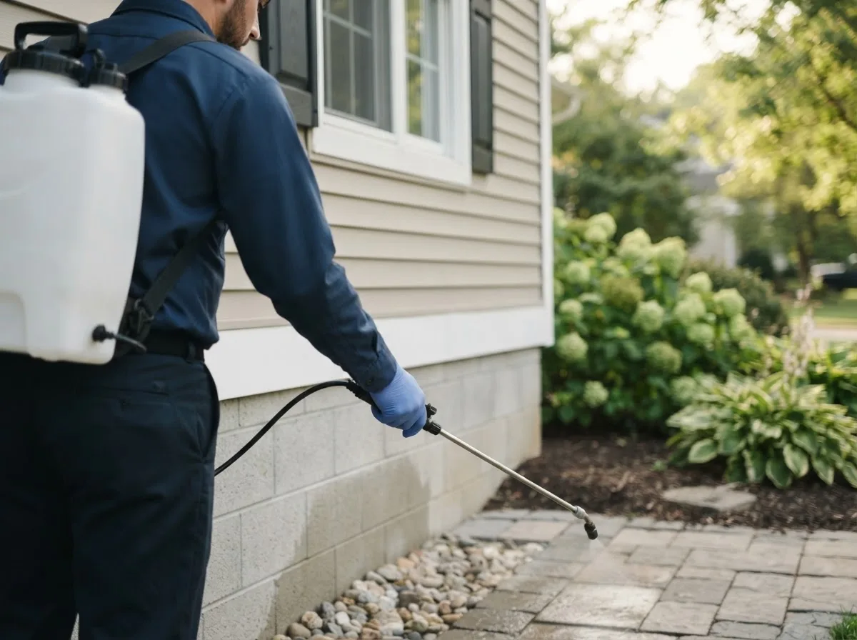 Pest control technician inspecting a home in Moncure, NC